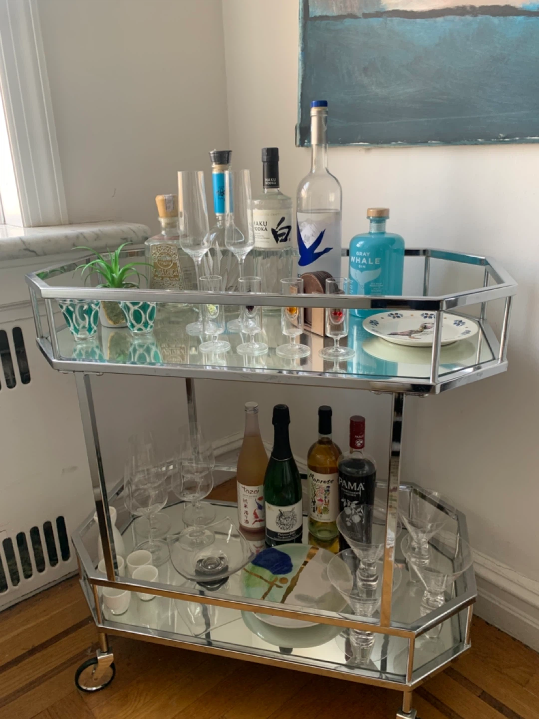 Chrome and Mirrored Bar Cart with Wheels