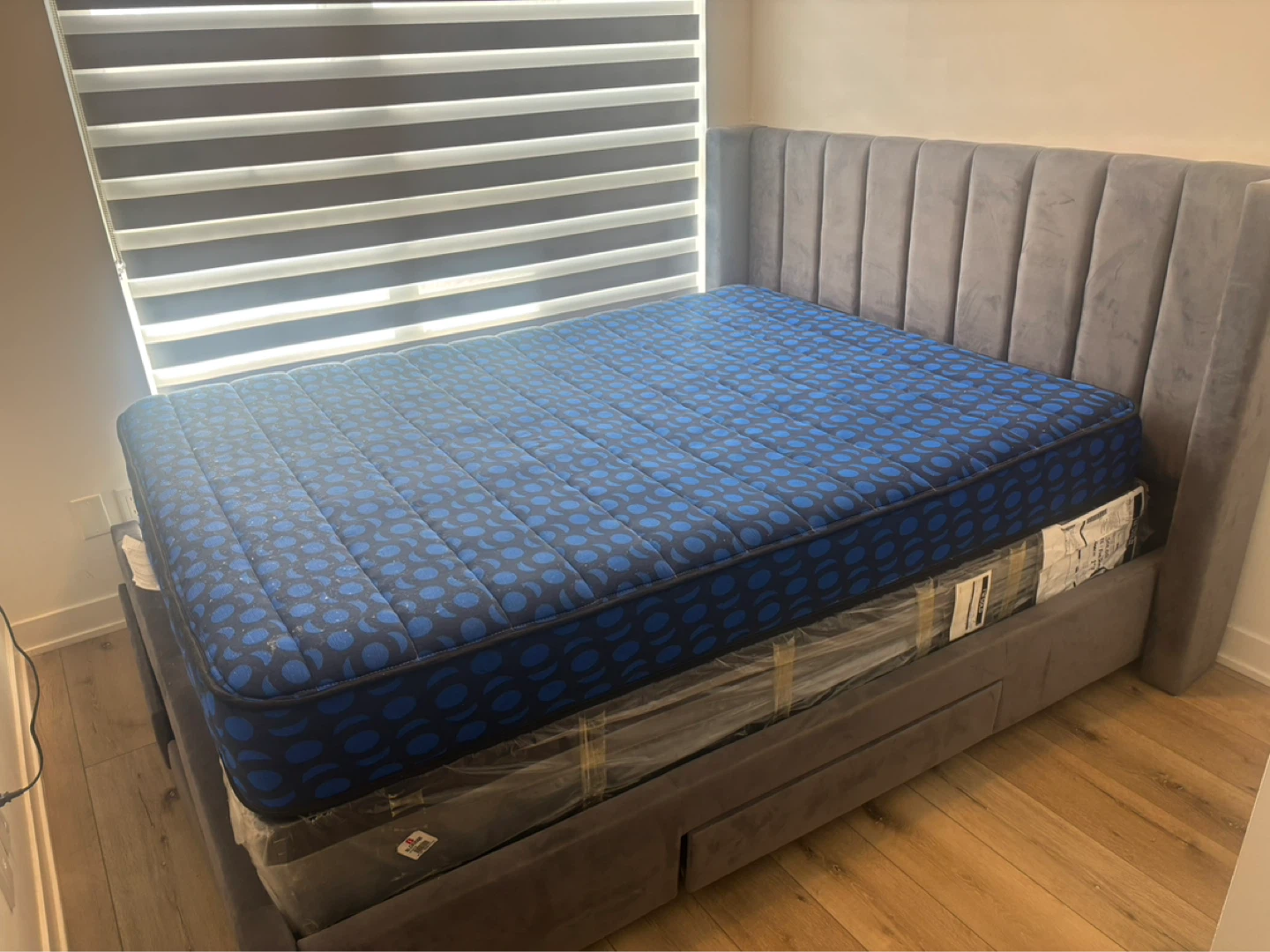 Grey Upholstered Queen Bed Frame with Storage Drawers - photo 3