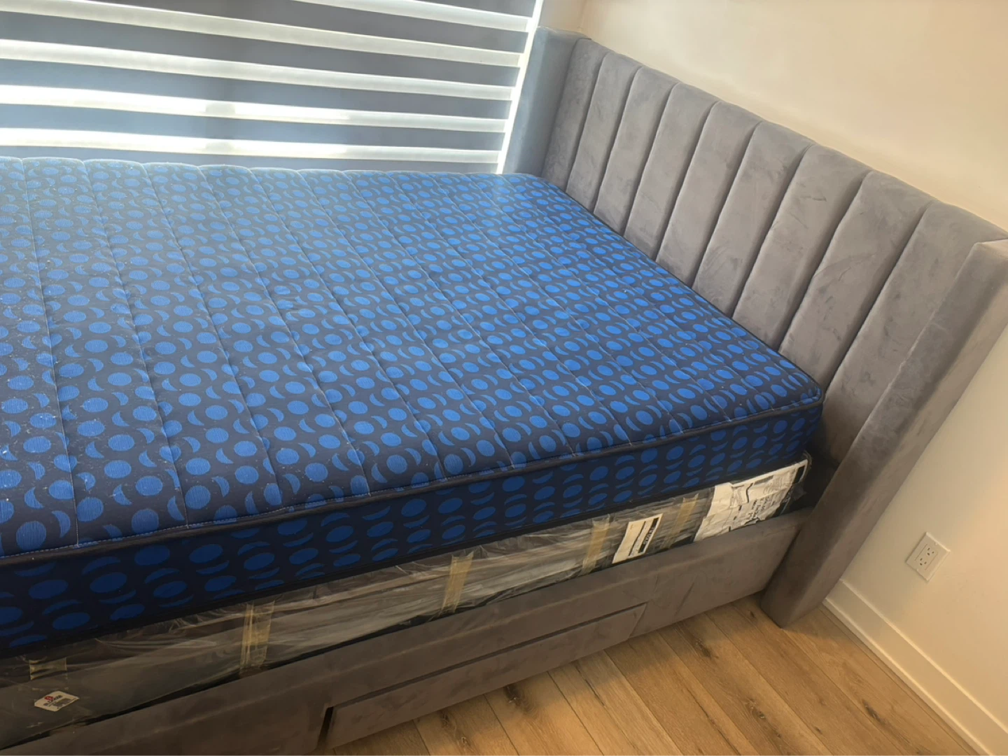 Grey Upholstered Queen Bed Frame with Storage Drawers