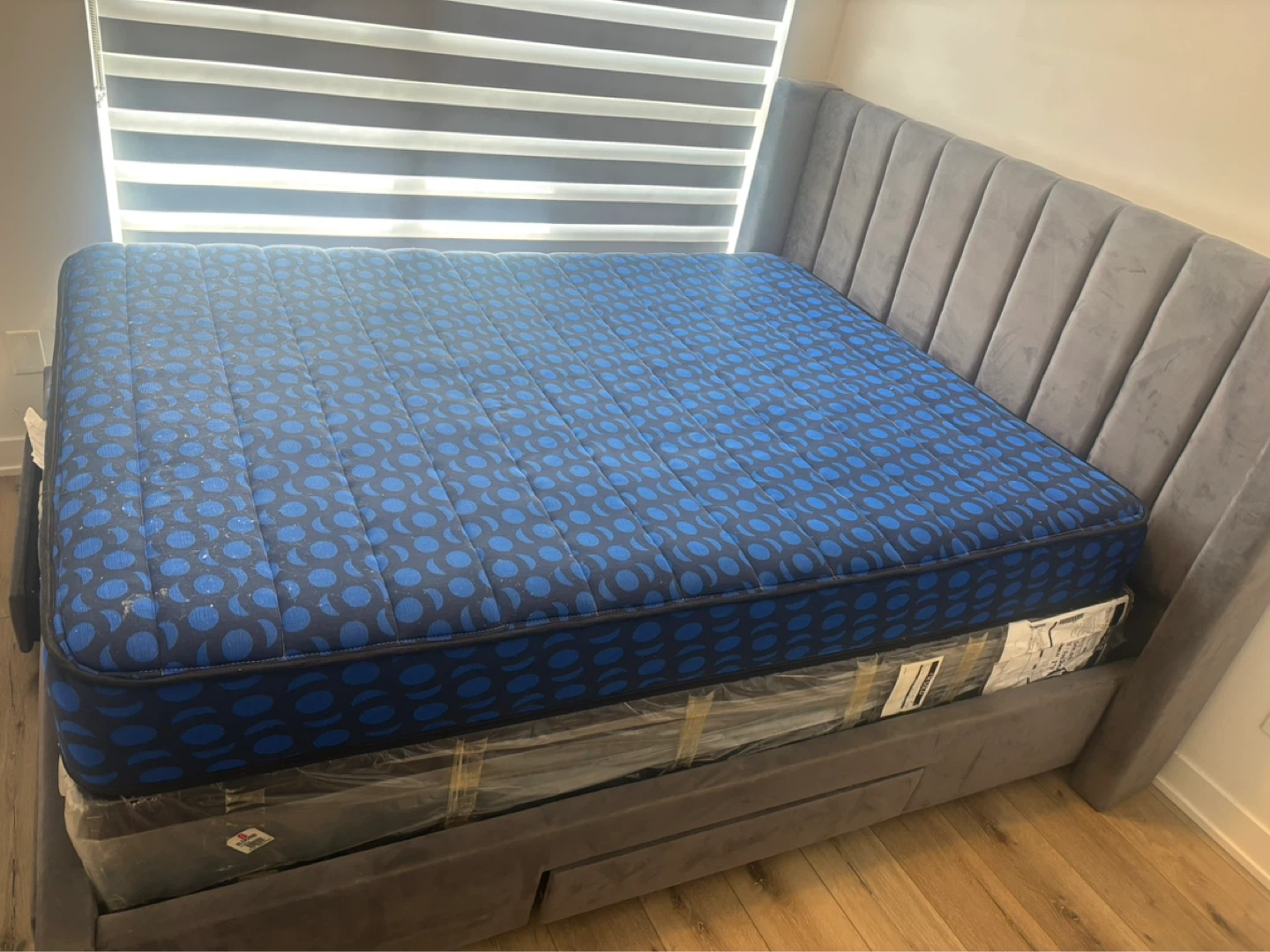 Grey Upholstered Queen Bed Frame with Storage Drawers - photo 2