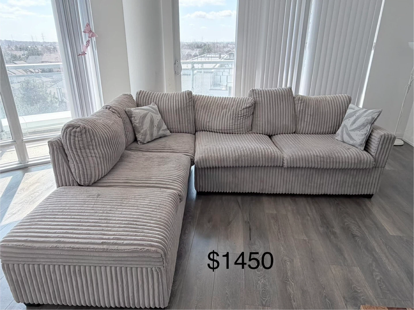 Grey Corduroy Sectional Sofa with power socket