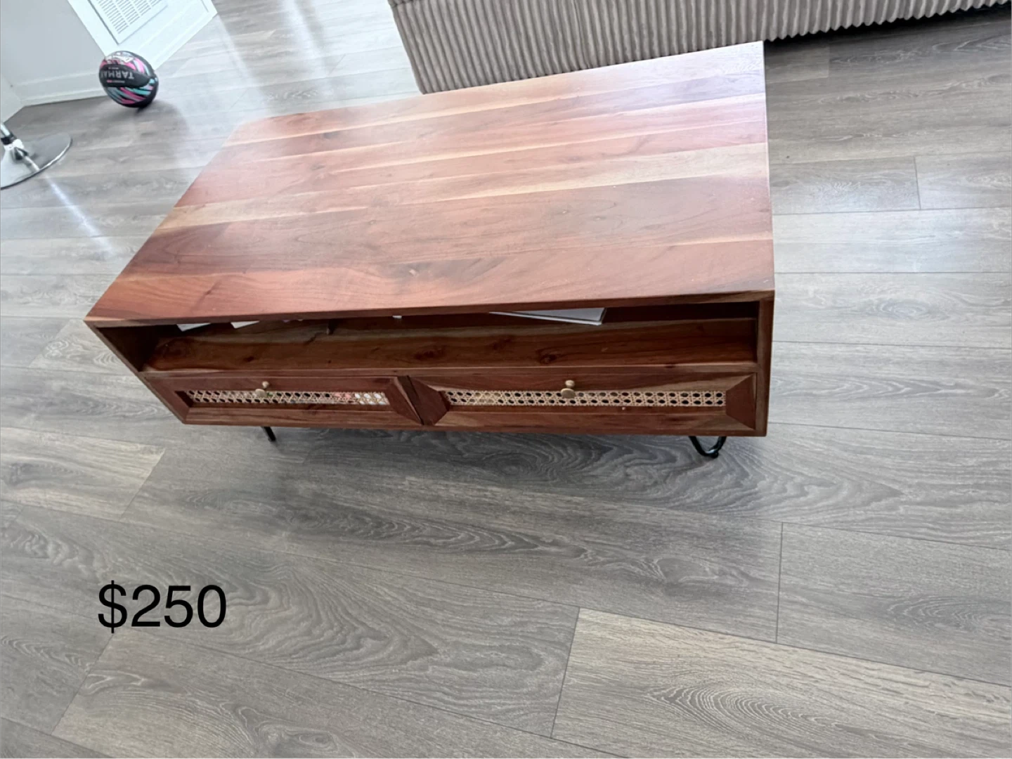 Wooden Coffee Table with Rattan Drawer Fronts