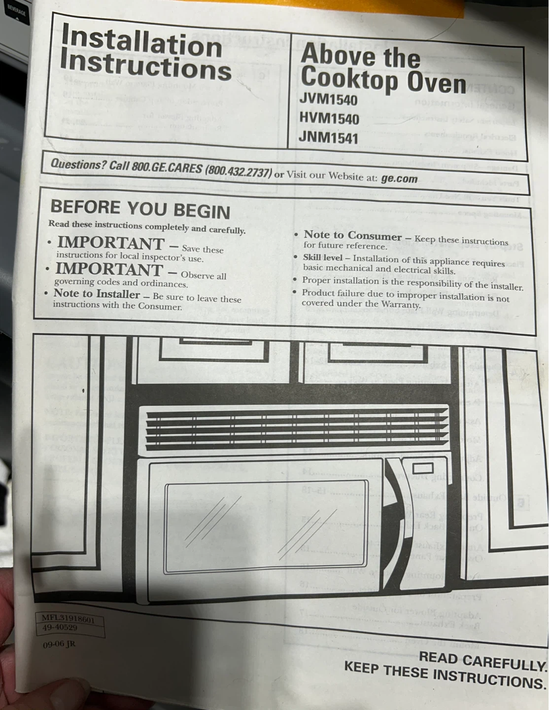 GE Above the Cooktop Microwave Oven JVM1540 - photo 3