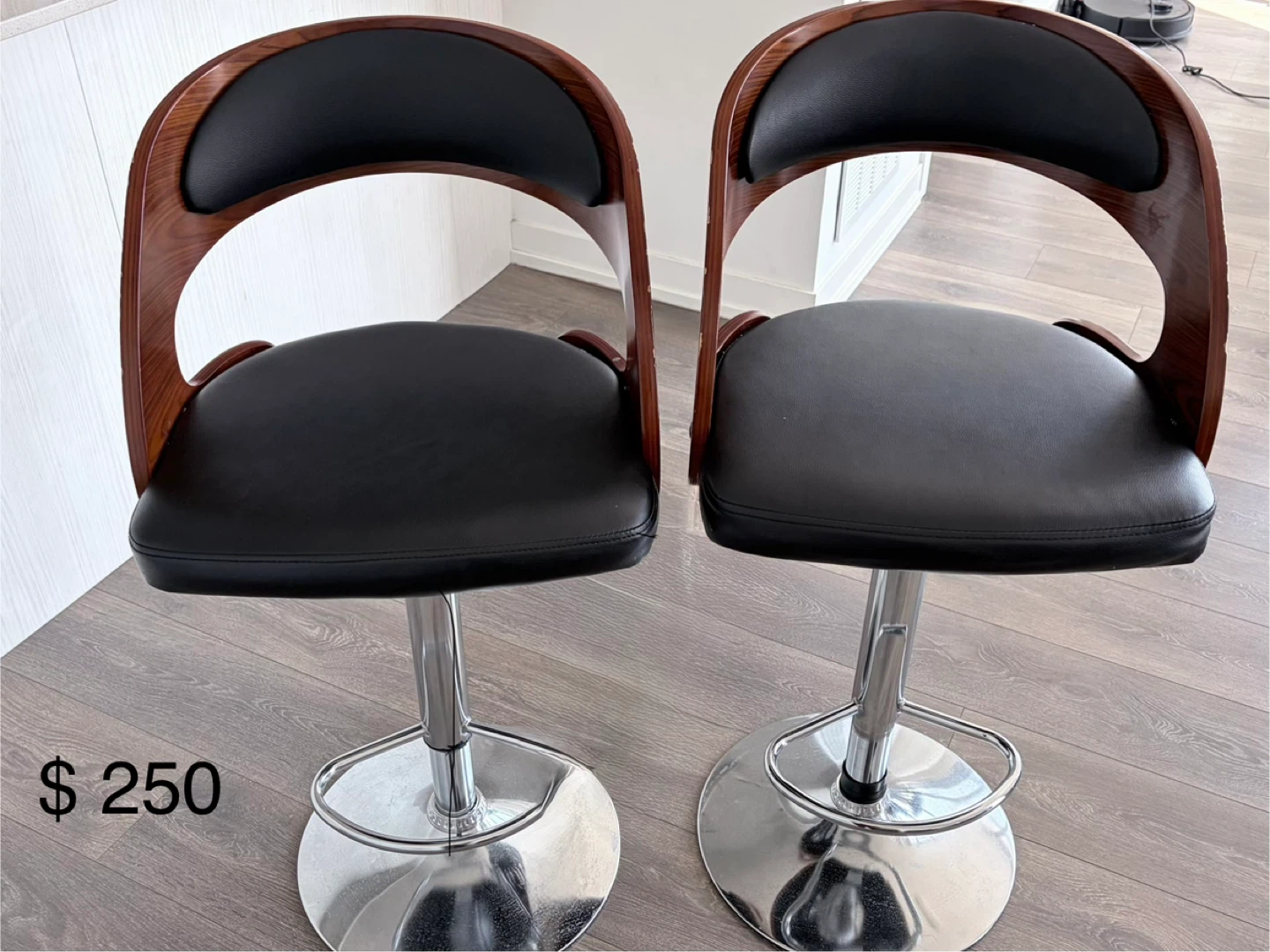 Set of 2 Black Faux Leather and Wood Bar Stools