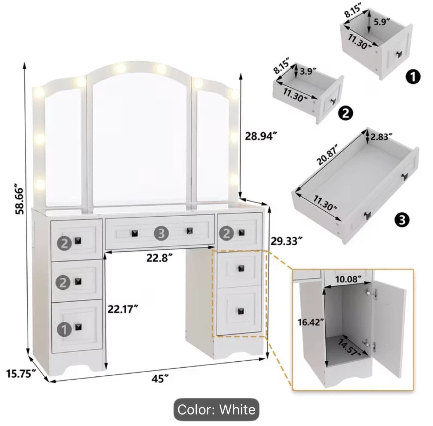 White Vanity Desk with Lights and Mirror - photo 2