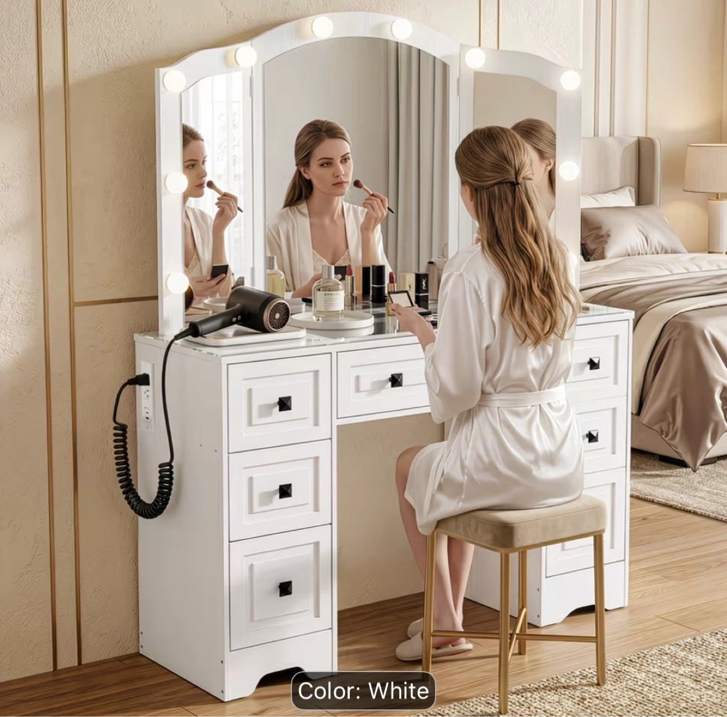White Vanity Desk with Lights and Mirror - photo 4