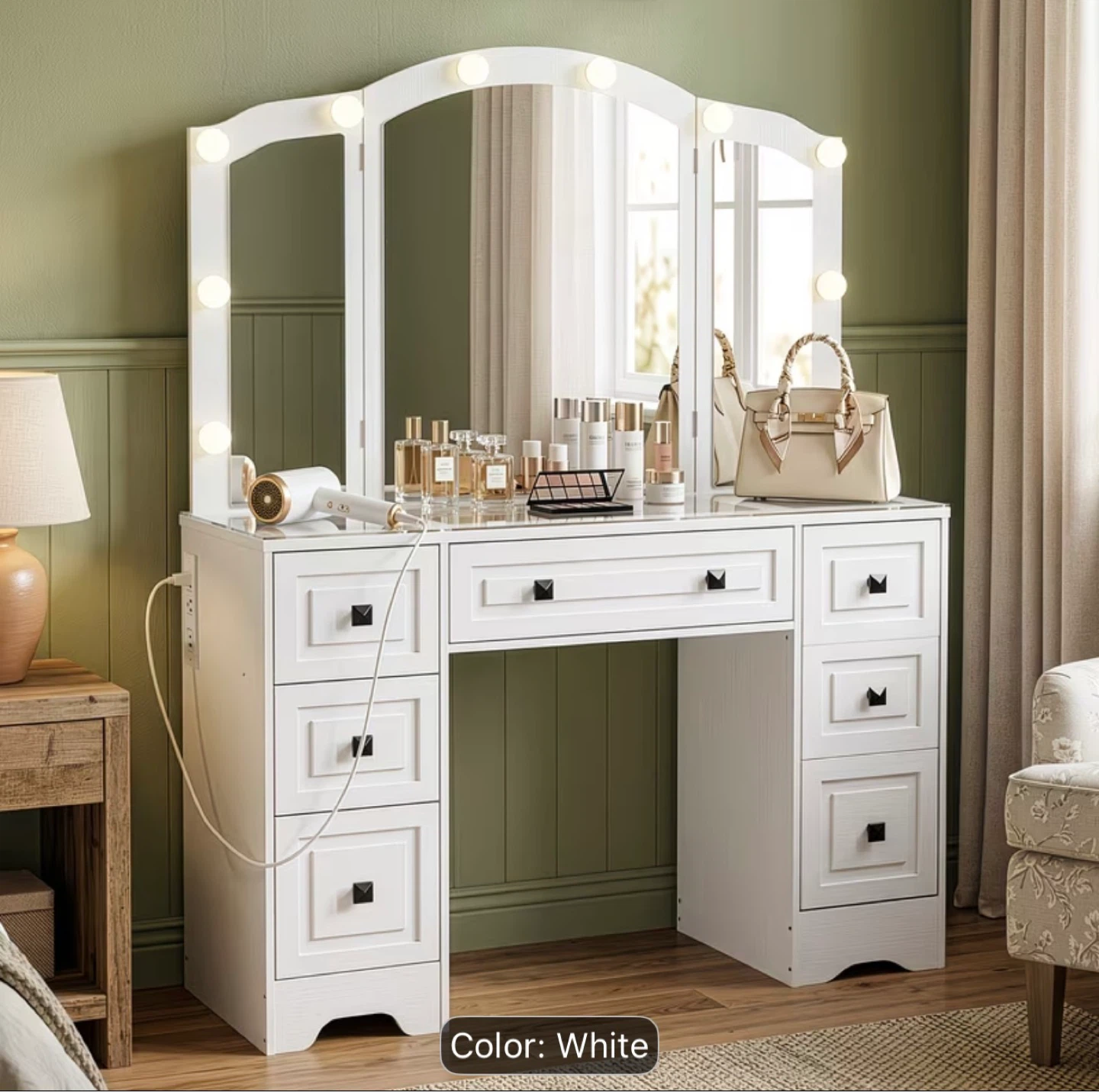 White Vanity Desk with Lights and Mirror
