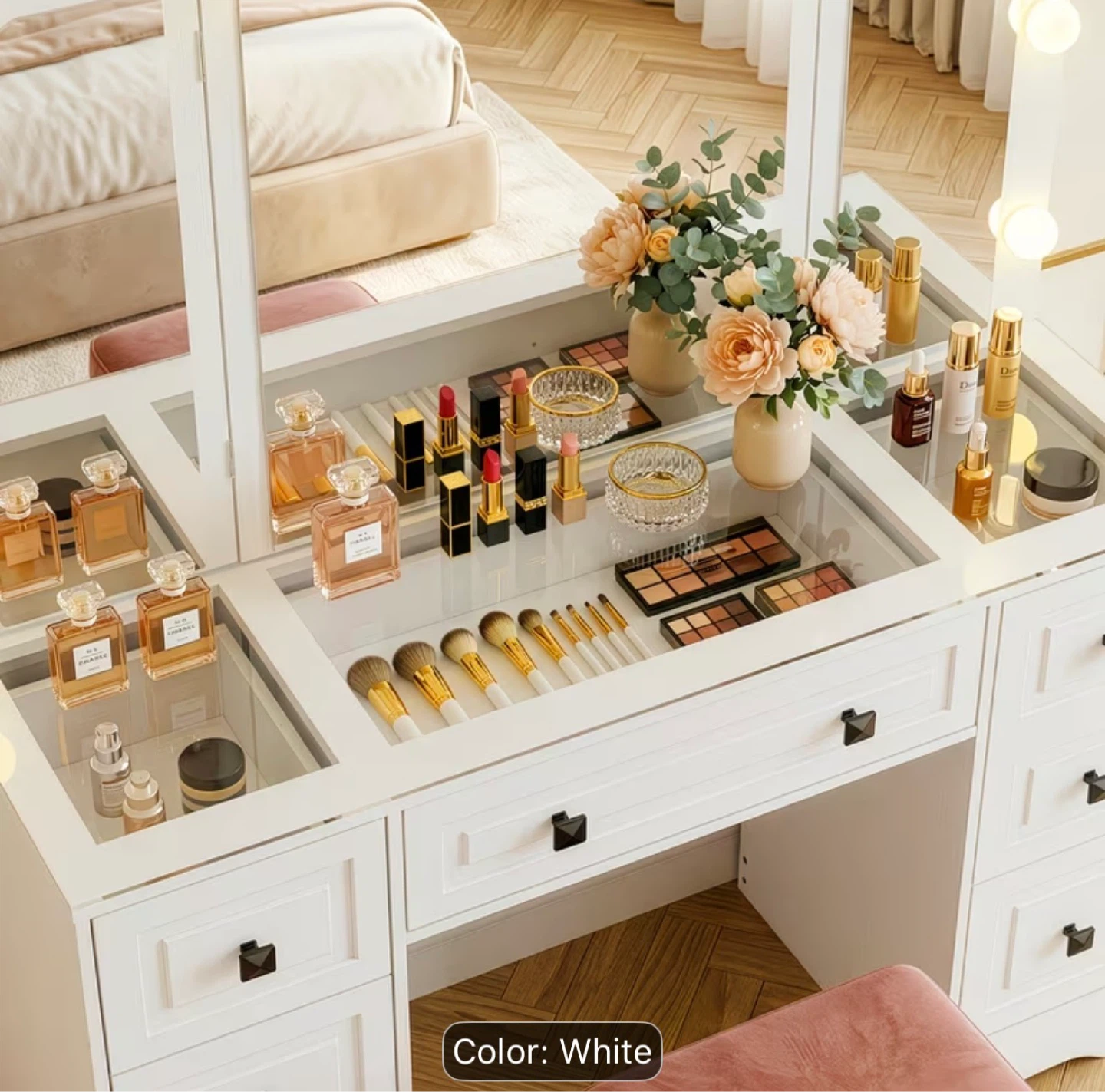 White Vanity Desk with Lights and Mirror - photo 5