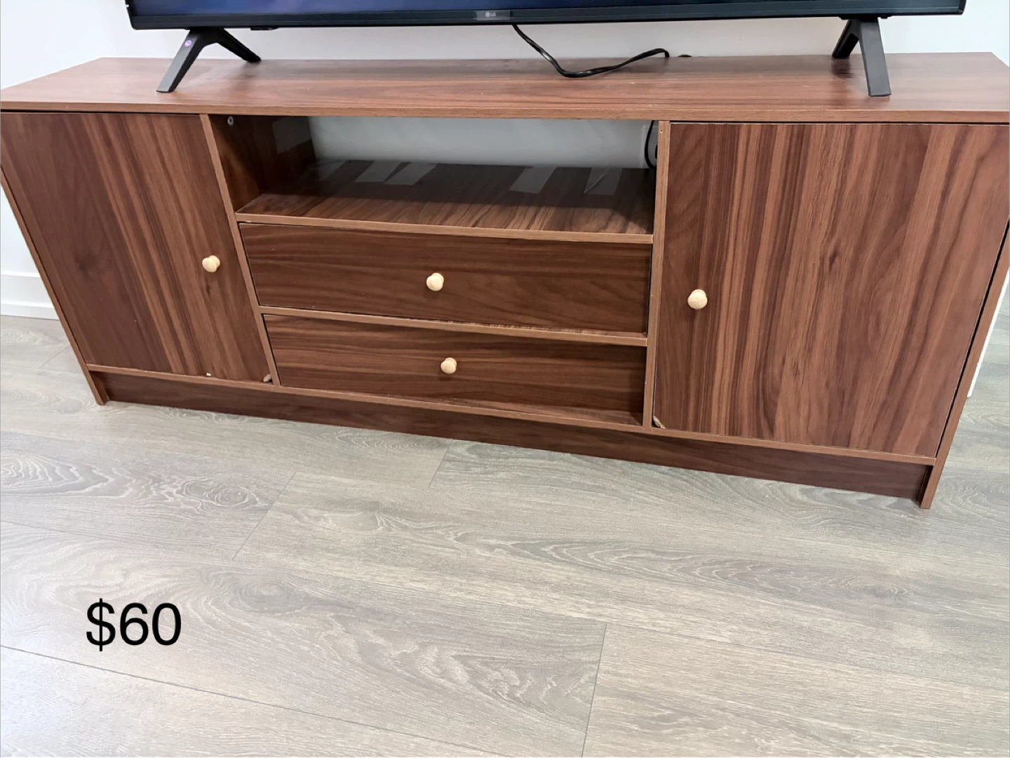Wooden TV Stand with Cabinets and Drawers