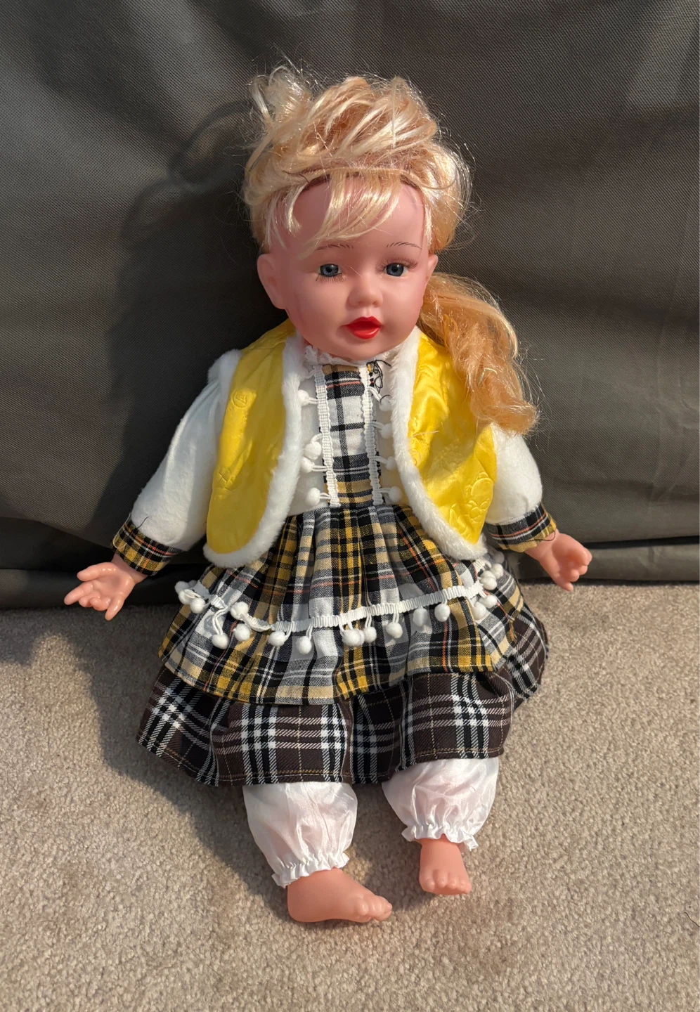 Beautiful Plush Doll with Blonde Hair & Plaid Dress (with music)