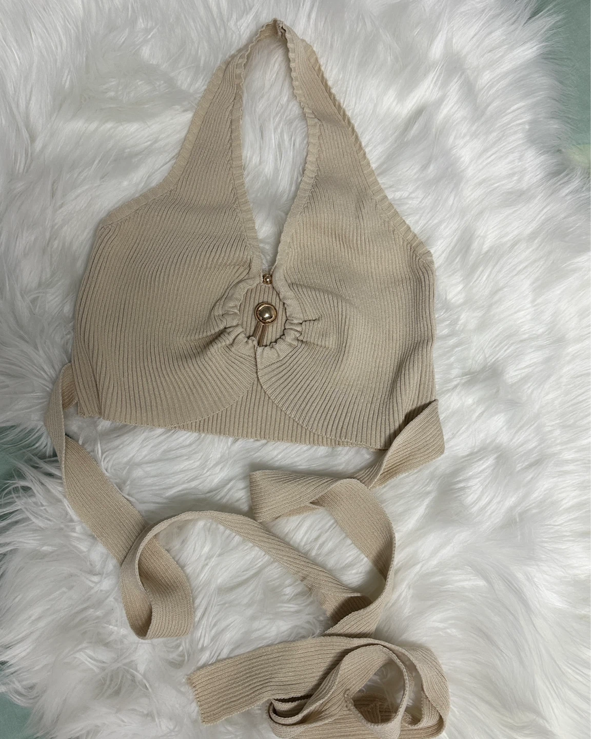 Women's Beige Halter Neck Ribbed Crop Top