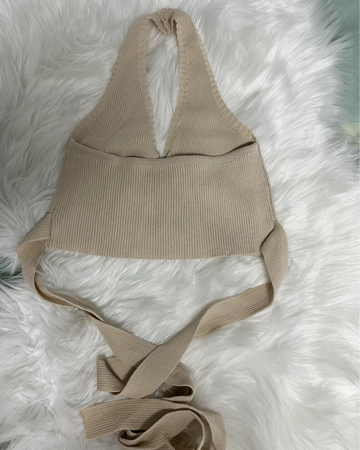 Women's Beige Halter Neck Ribbed Crop Top - photo 2