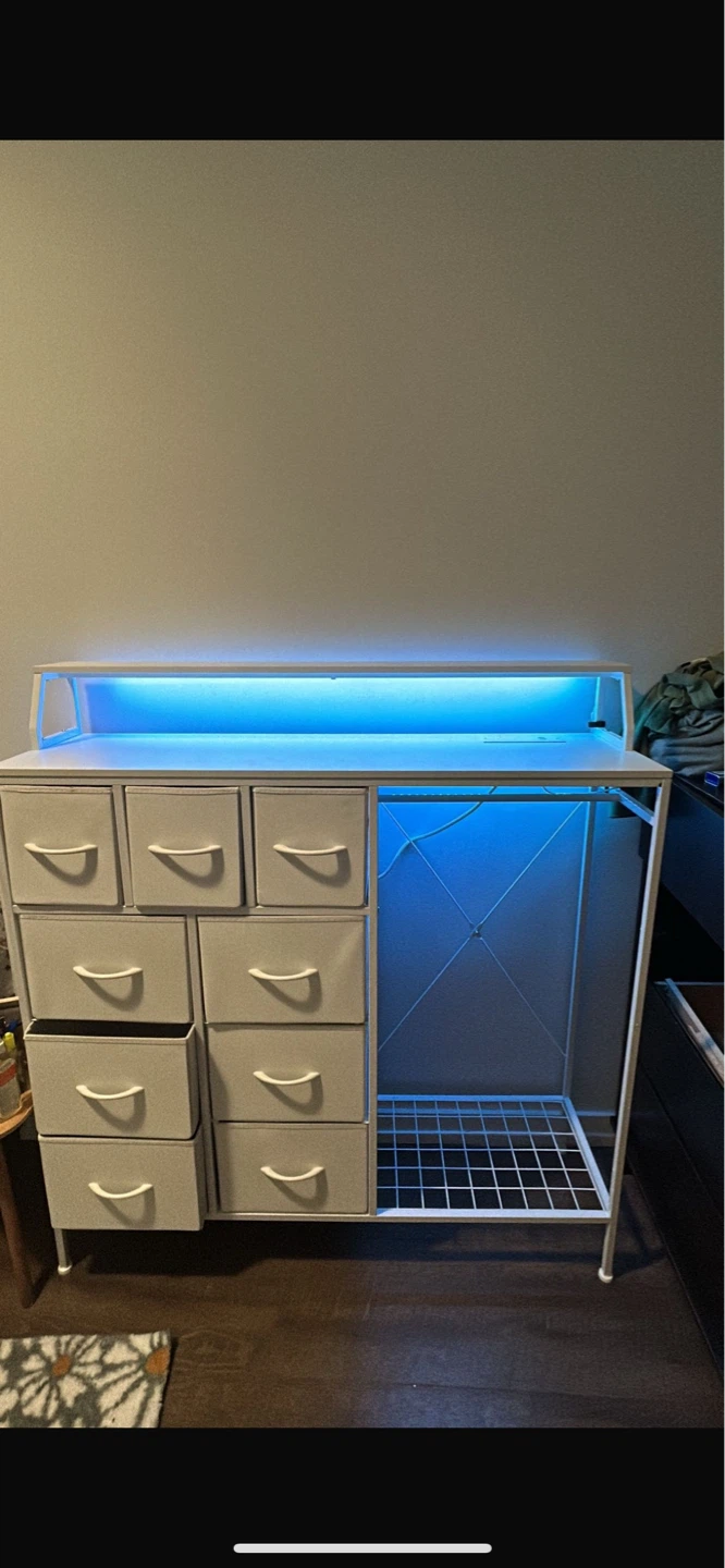 White Storage Dresser with Blue LED Lights