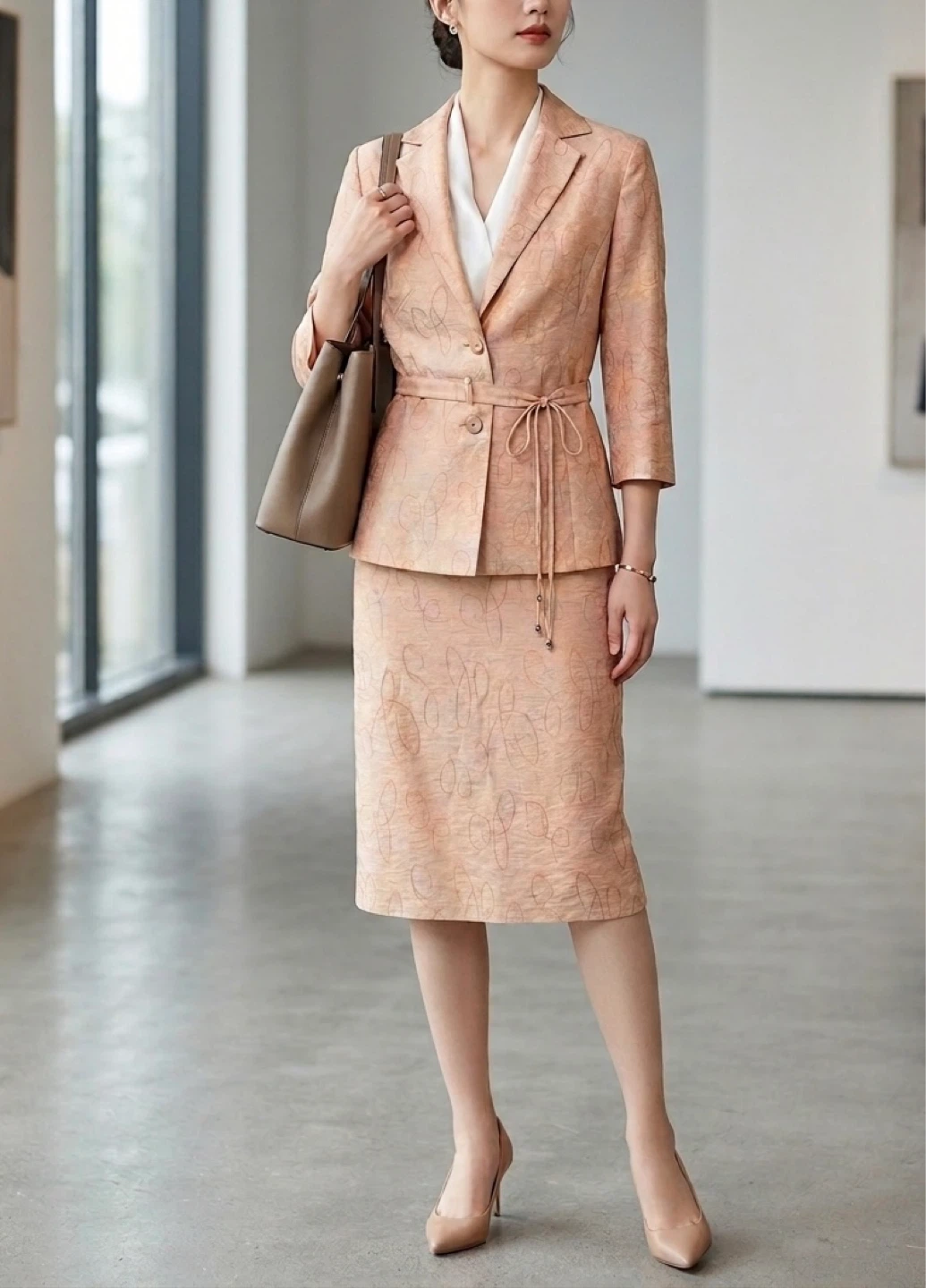 Pink Patterned Blazer and Skirt Set