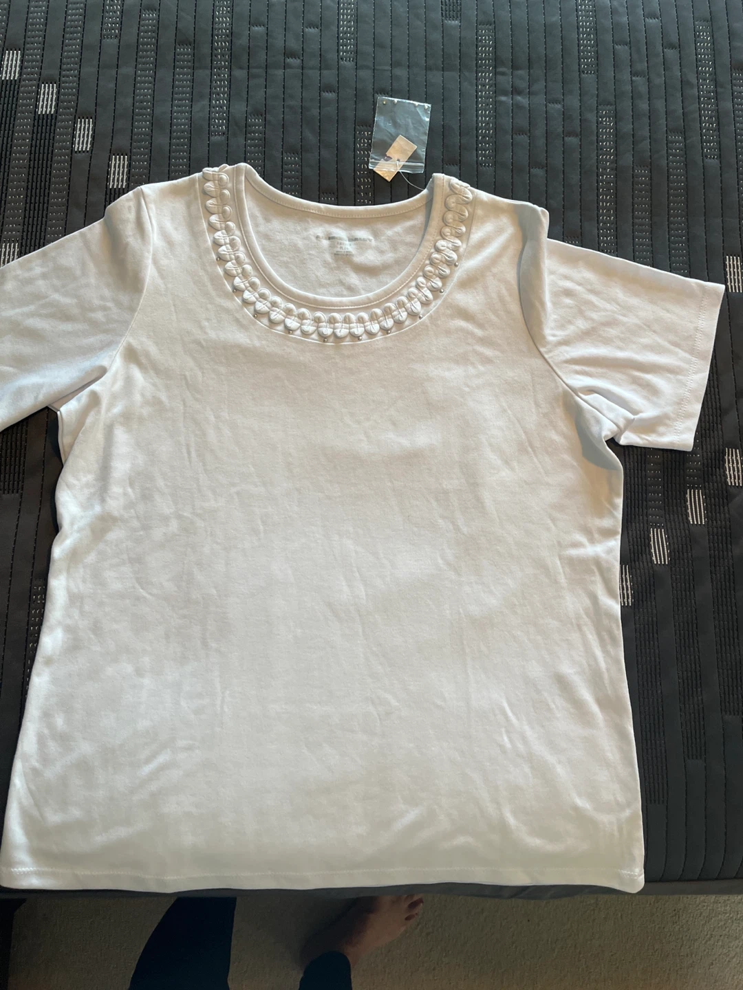 NEW Womens Alison Daley Petite White Embellished Neck T-Shirt