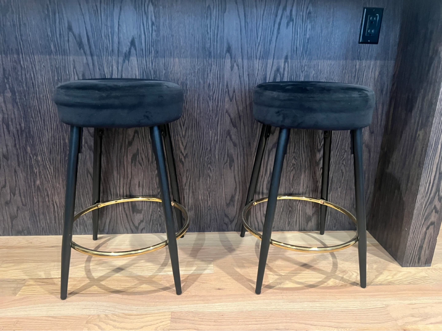 Set of 2 Black Velvet Bar Stools with Gold Footrest
