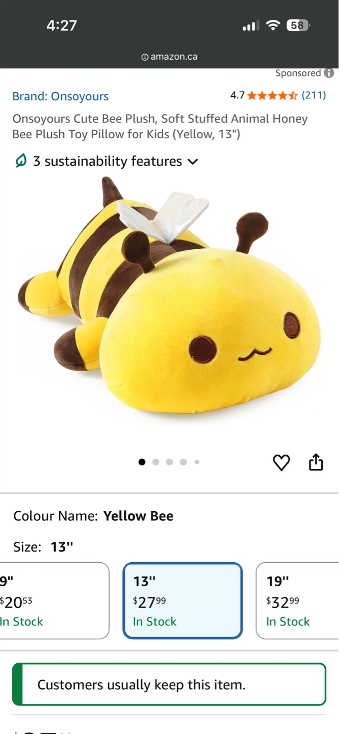 Onsoyours Cute Bee Plush Toy Pillow 13"
