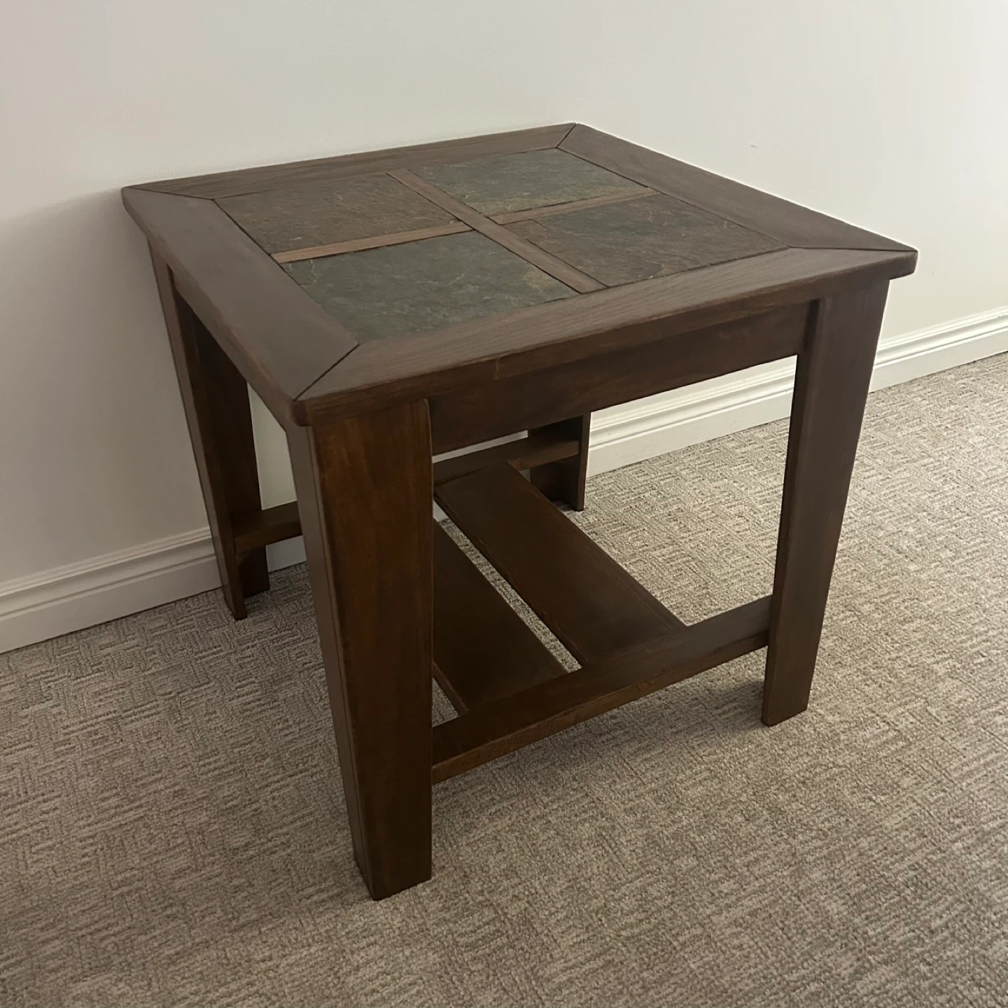 Refinished Wooden End Table with Slate Inlay