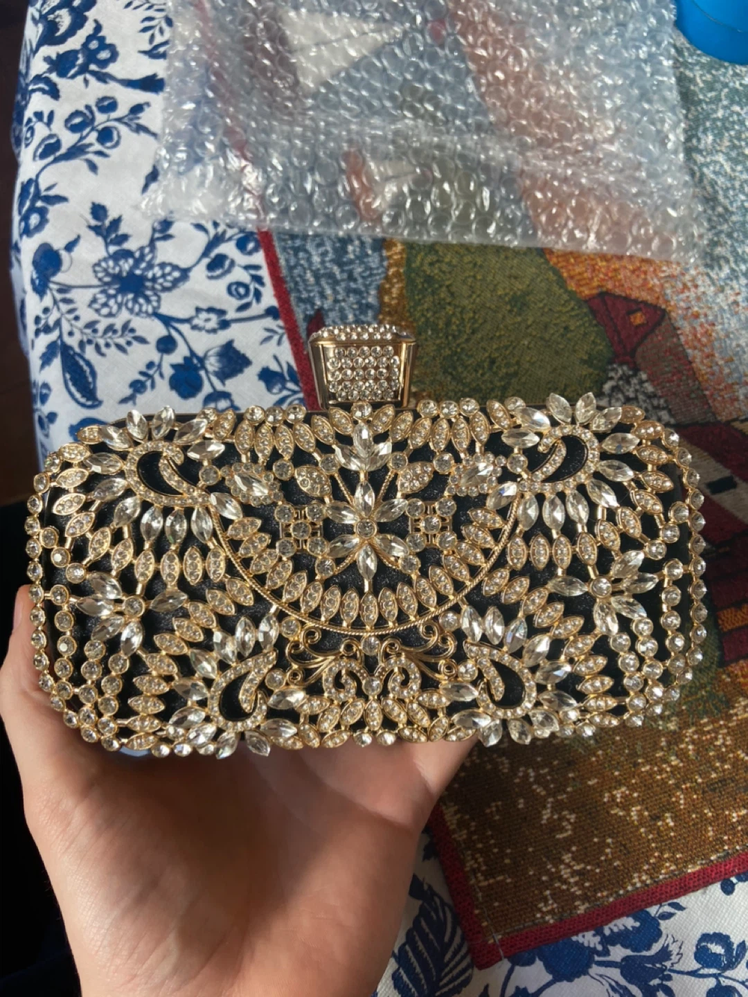 Embellished Black Clutch Bag with faux Rhinestones