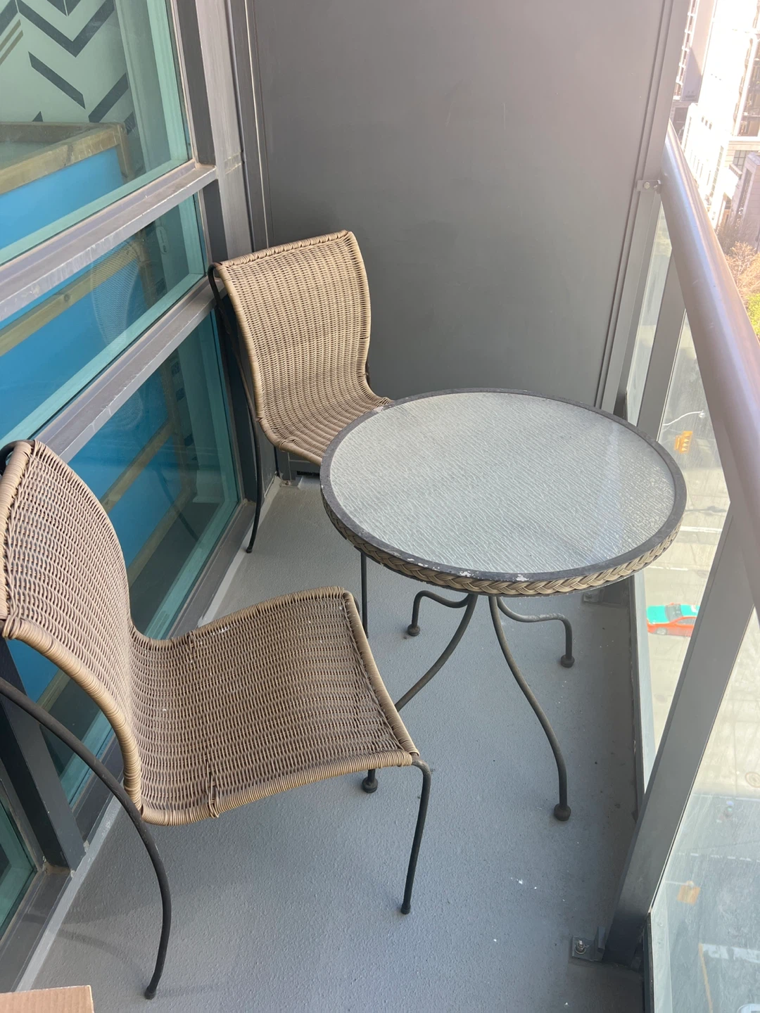 Wicker Balcony Set: 2 Chairs and Glass Table