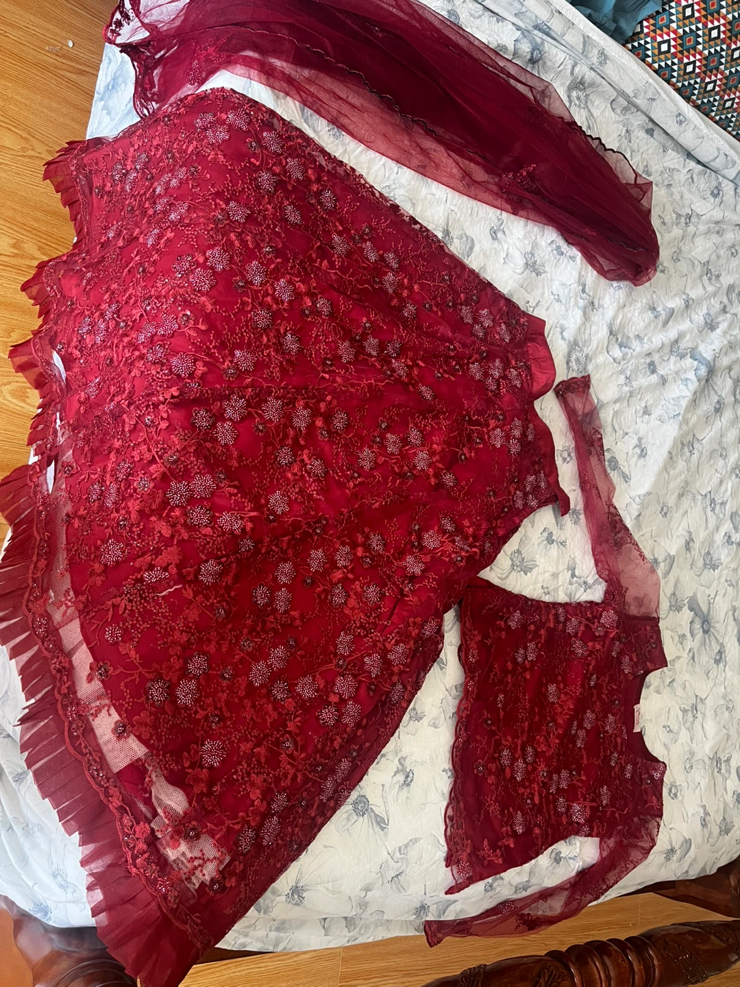 Women's Red Embroidered Lehenga Choli Dupatta Set