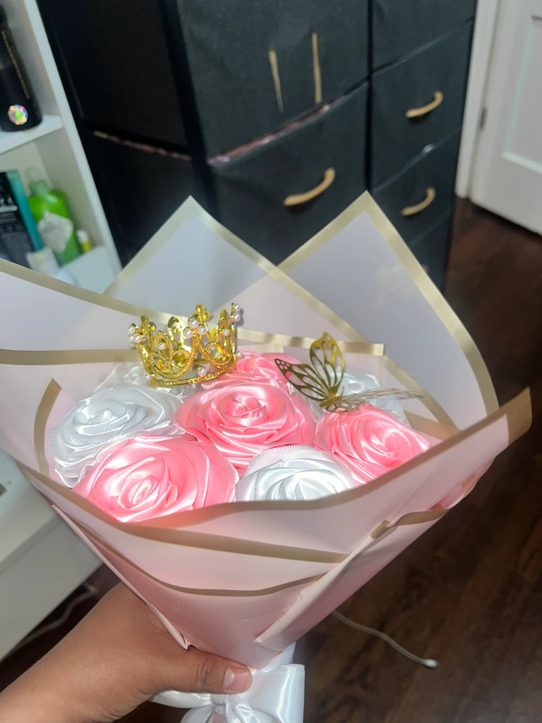 Satin Rose Bouquet with Crown and Butterflies