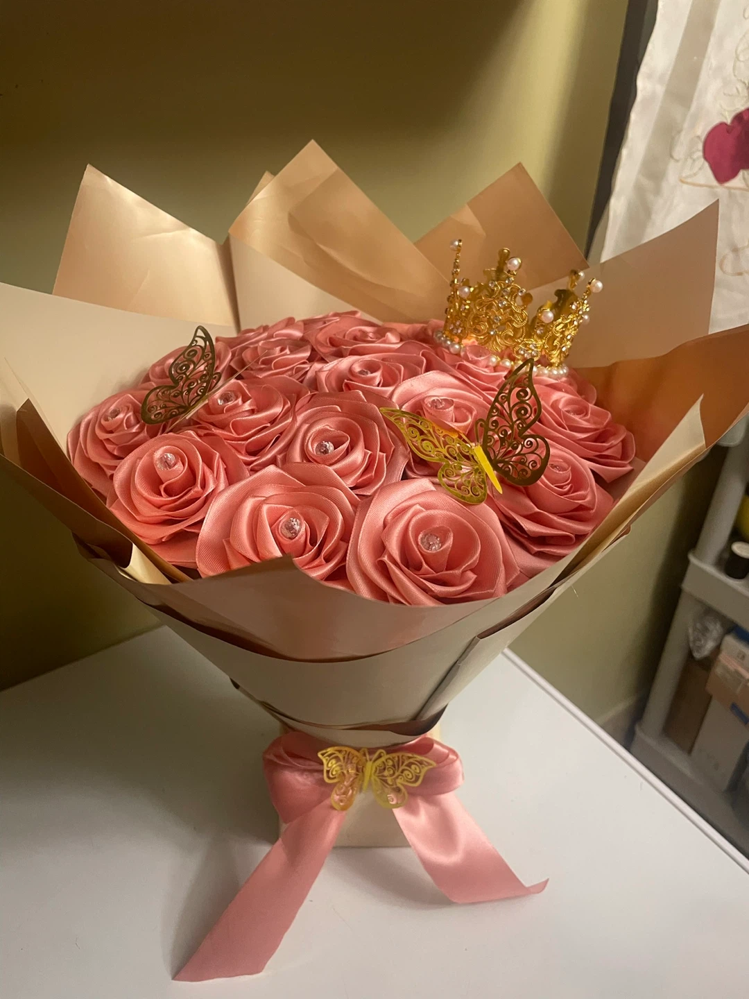 Satin Rose Bouquet with Crown and Butterflies - photo 3