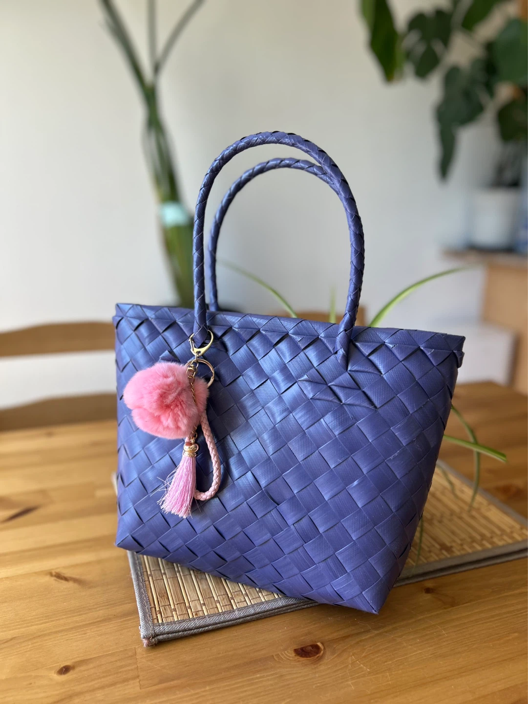Purple Woven Tote Bag with Pom Pom Charm