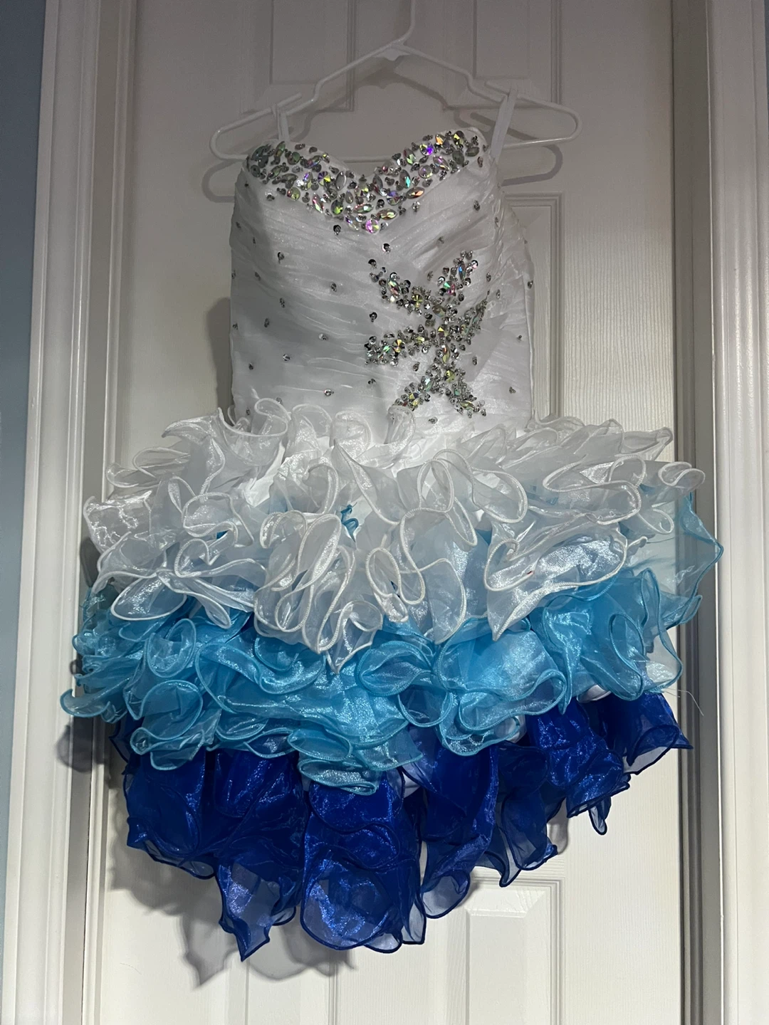 White & Blue Ruffled Party Dress