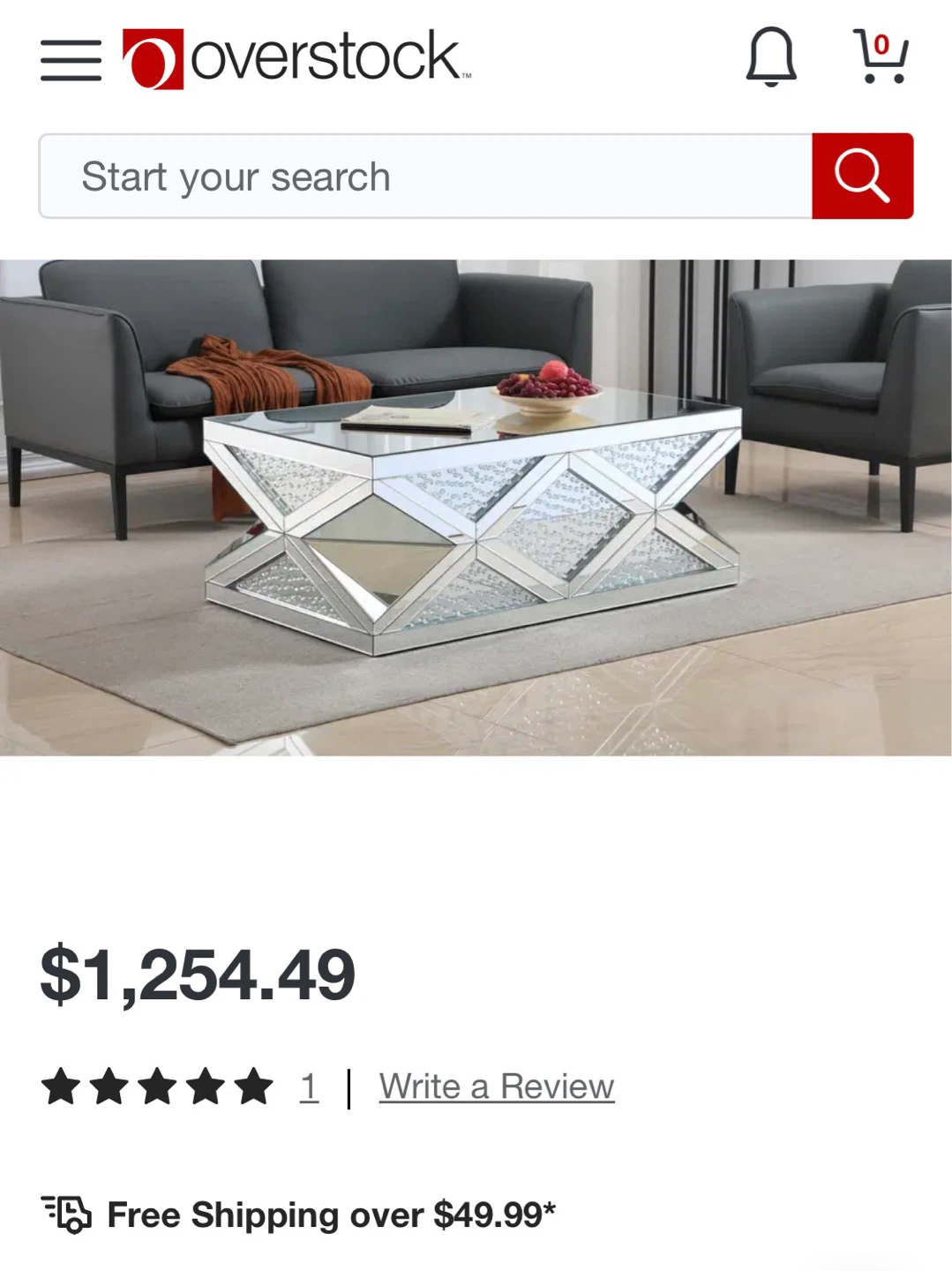47.5 Inch Mirrored Rectangle Crystal Coffee Table