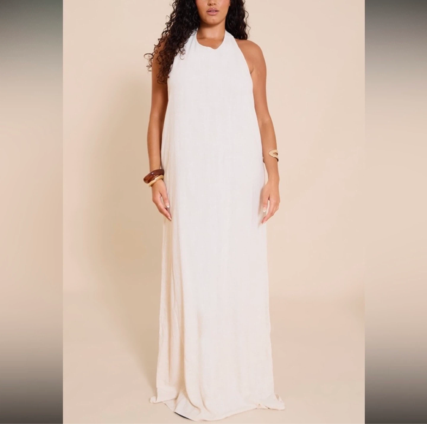 MOVING SALE - White Linen Blend Halter Maxi Dress