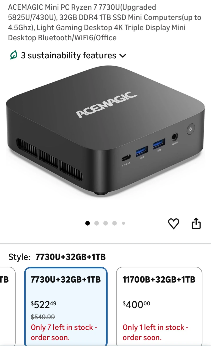 AceMagic Mini PC Ryzen 7 7730U 32GB DDR4 1TB SSD