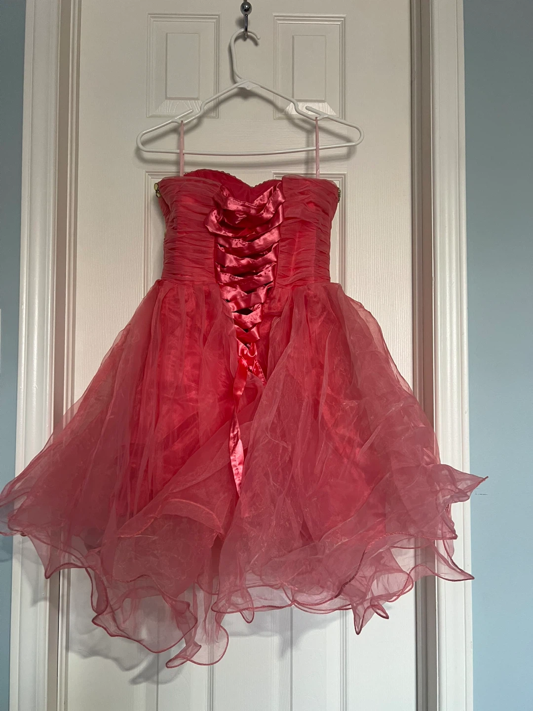 Salmon Pink Strapless Corset Ruffle Dress - photo 2