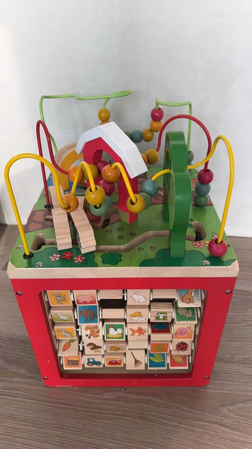 Wooden Activity Cube Toy with Bead Maze and Animal Spinners
