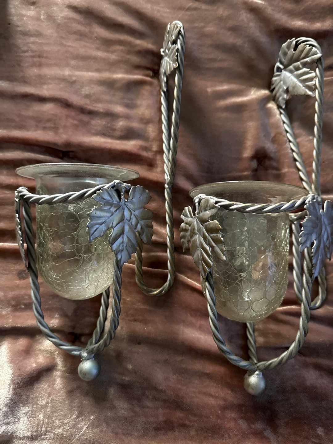 Pair of Silver Leaf Wall Sconces Candle Holders - photo 4