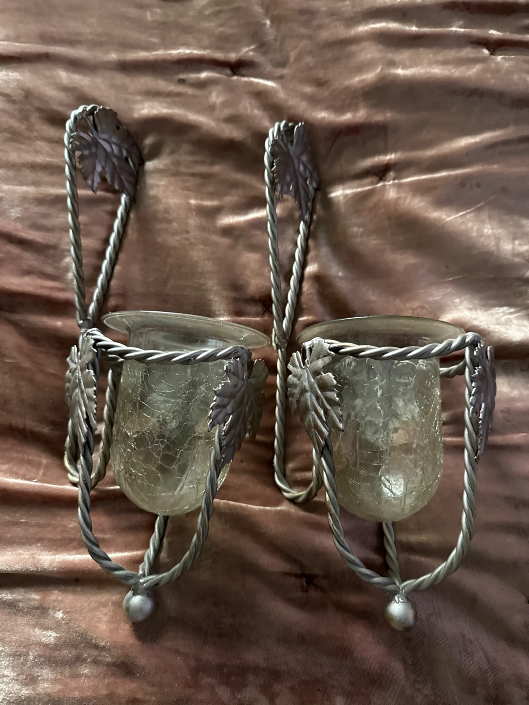 Pair of Silver Leaf Wall Sconces Candle Holders - photo 2