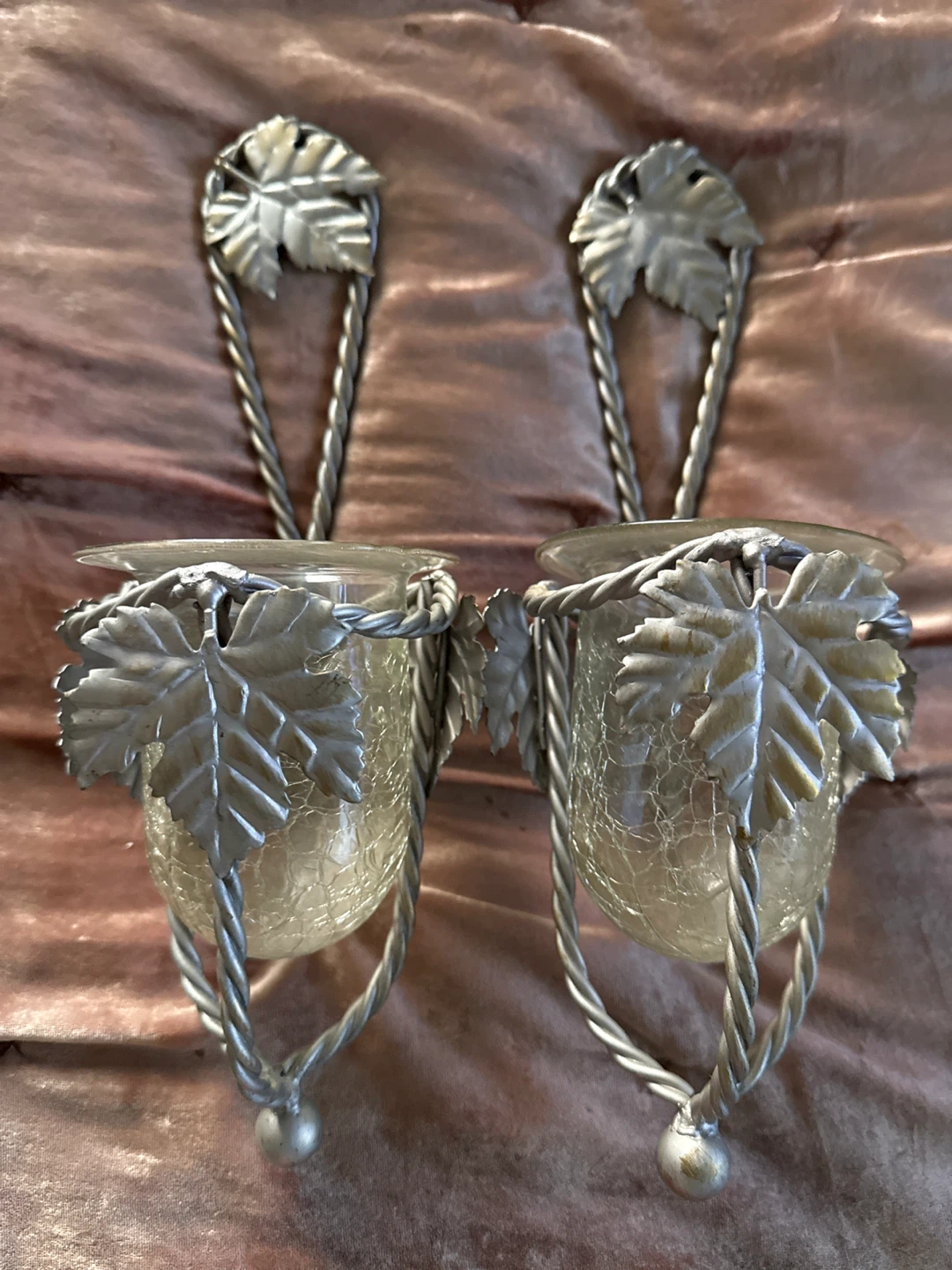 Pair of Silver Leaf Wall Sconces Candle Holders