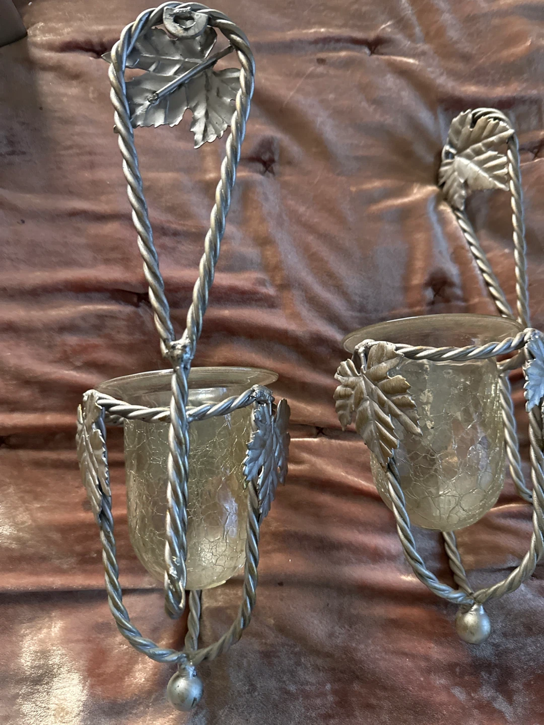 Pair of Silver Leaf Wall Sconces Candle Holders - photo 5