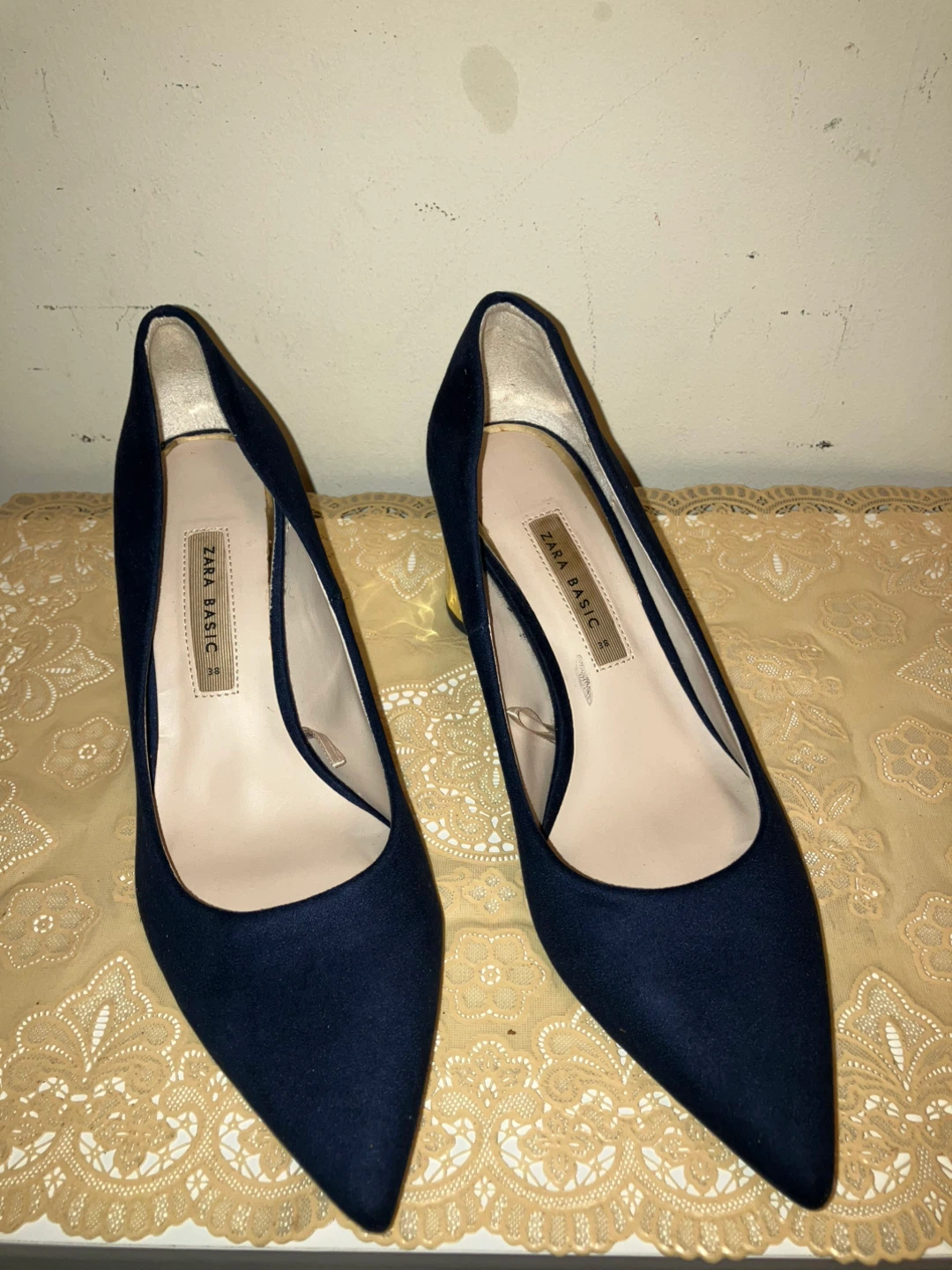 Zara Basic Collection Navy Suede Block Heels Size 38