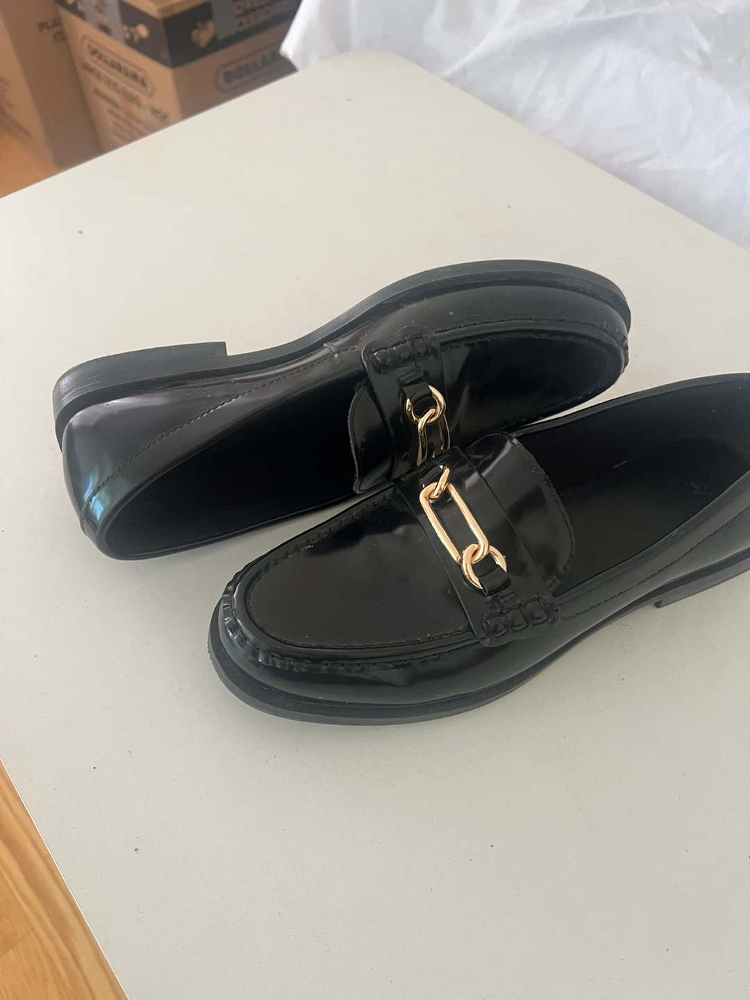 Black H&M Loafers with Gold Chain Detail