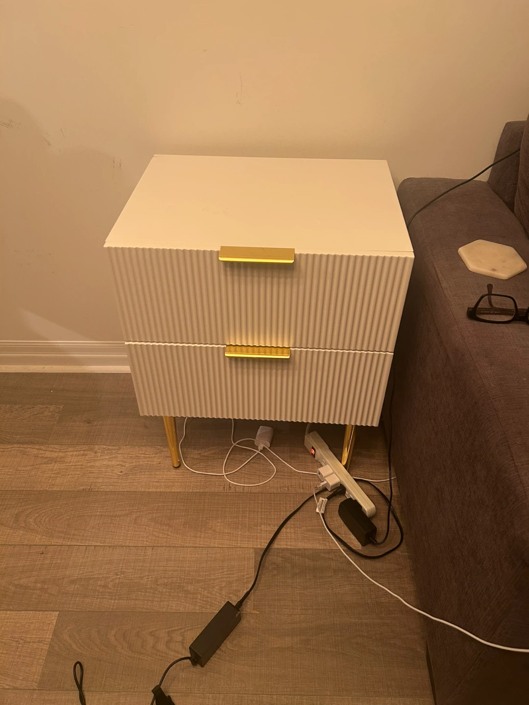 White 2-Drawer Nightstand with Gold Legs