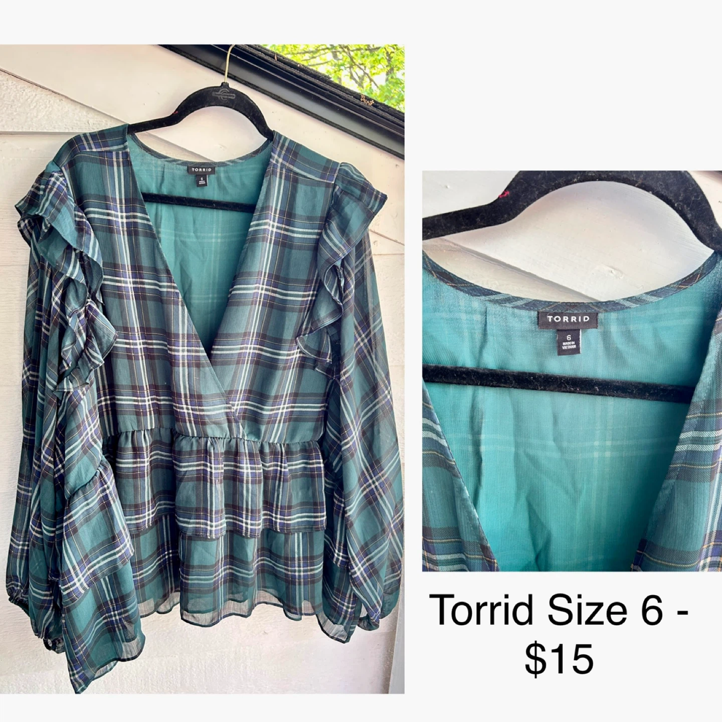 Torrid Plaid Ruffle V-Neck Blouse - Size 6