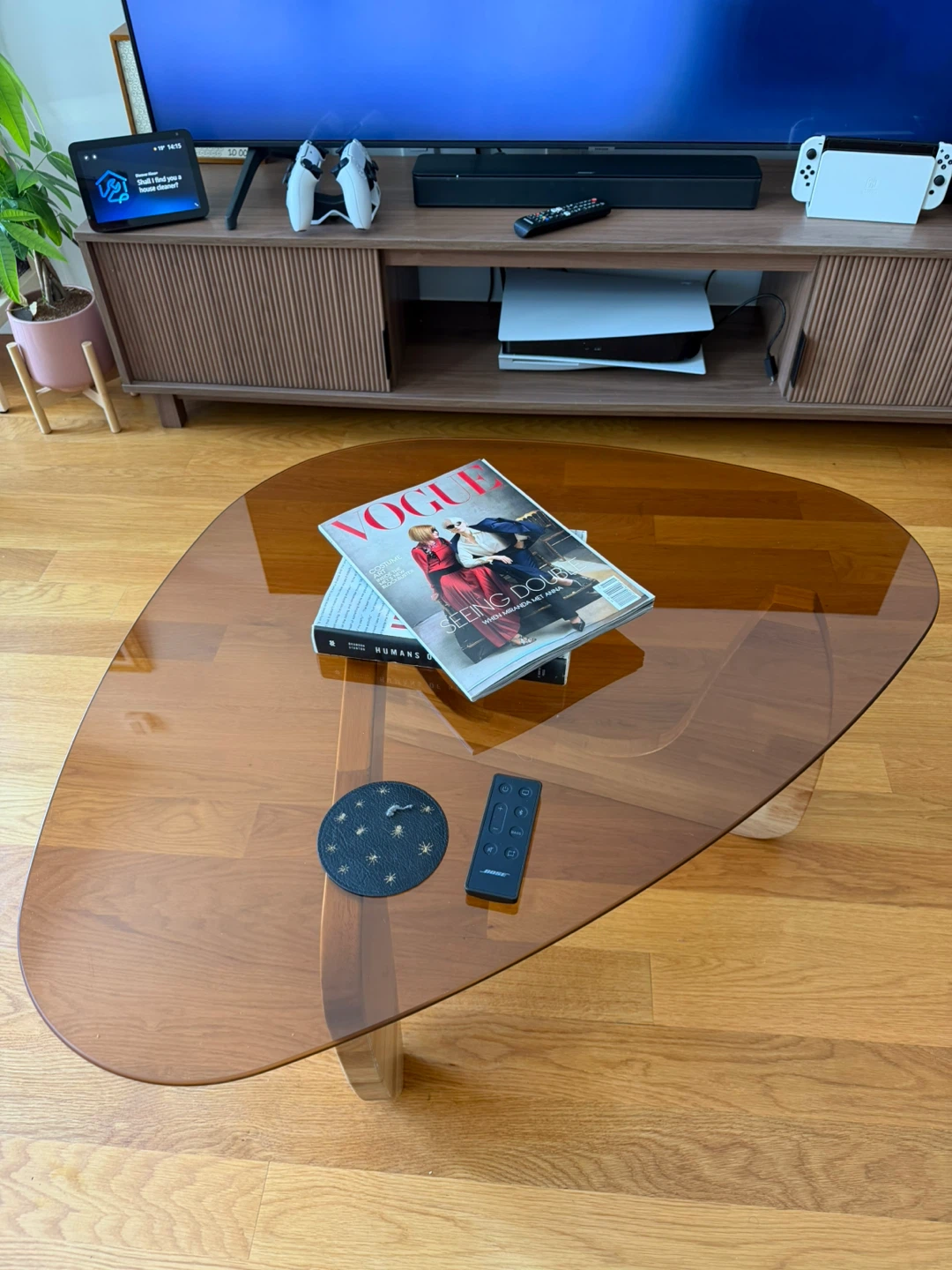 Glass Top Coffee Table with Wooden Base