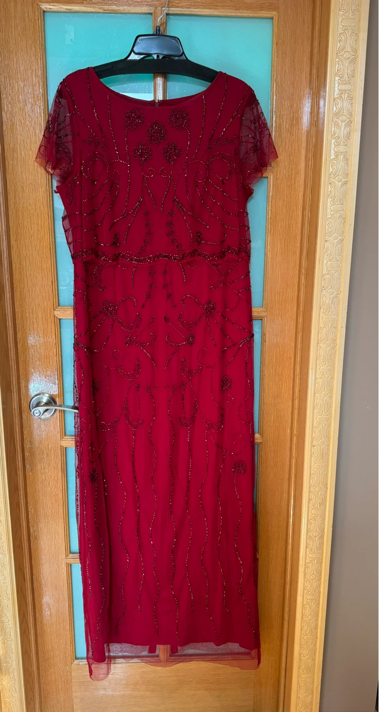 Red Beaded Sheath Dress with Cap Sleeves - photo 3