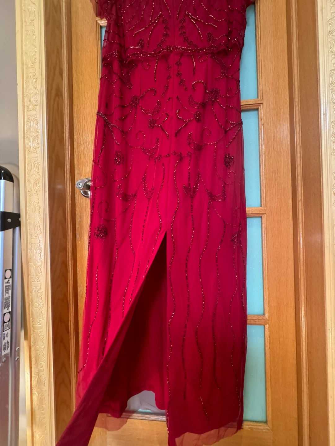 Red Beaded Sheath Dress with Cap Sleeves - photo 4