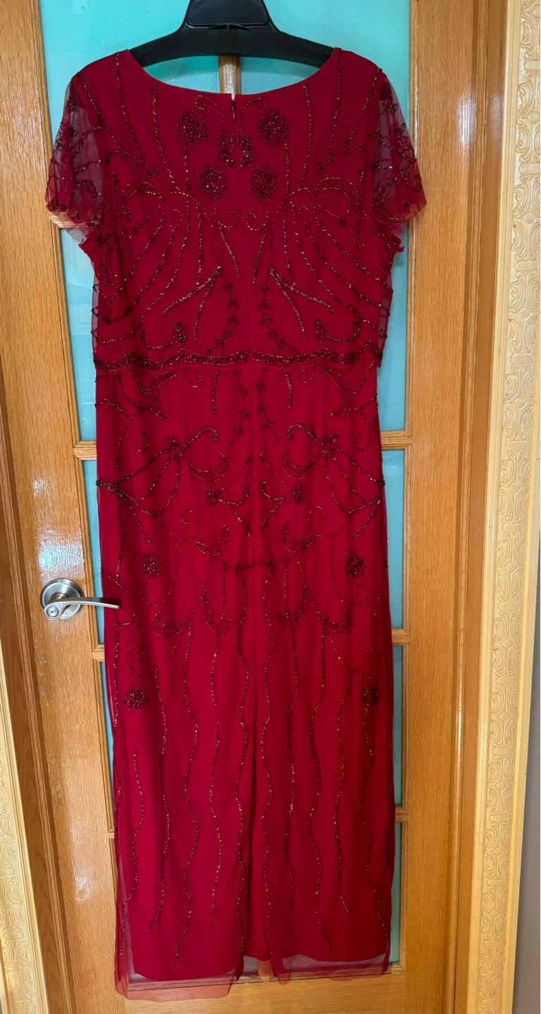 Red Beaded Sheath Dress with Cap Sleeves - photo 2