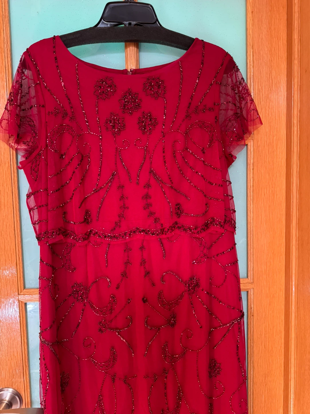 Red Beaded Sheath Dress with Cap Sleeves