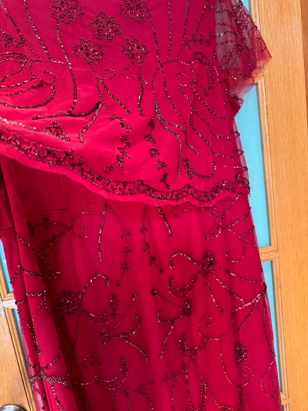 Red Beaded Sheath Dress with Cap Sleeves - photo 5