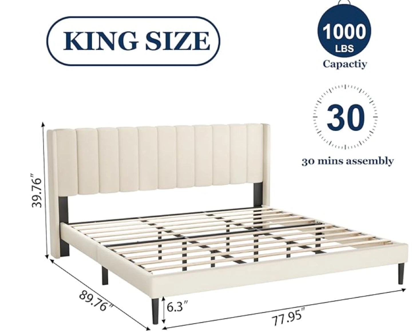 King Size Bed Frame - Black Velvet Upholstered Headboard - photo 3