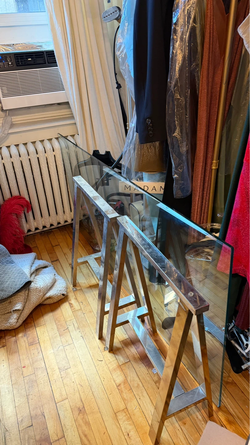 Glass Top Desk with Chrome Sawhorse Legs